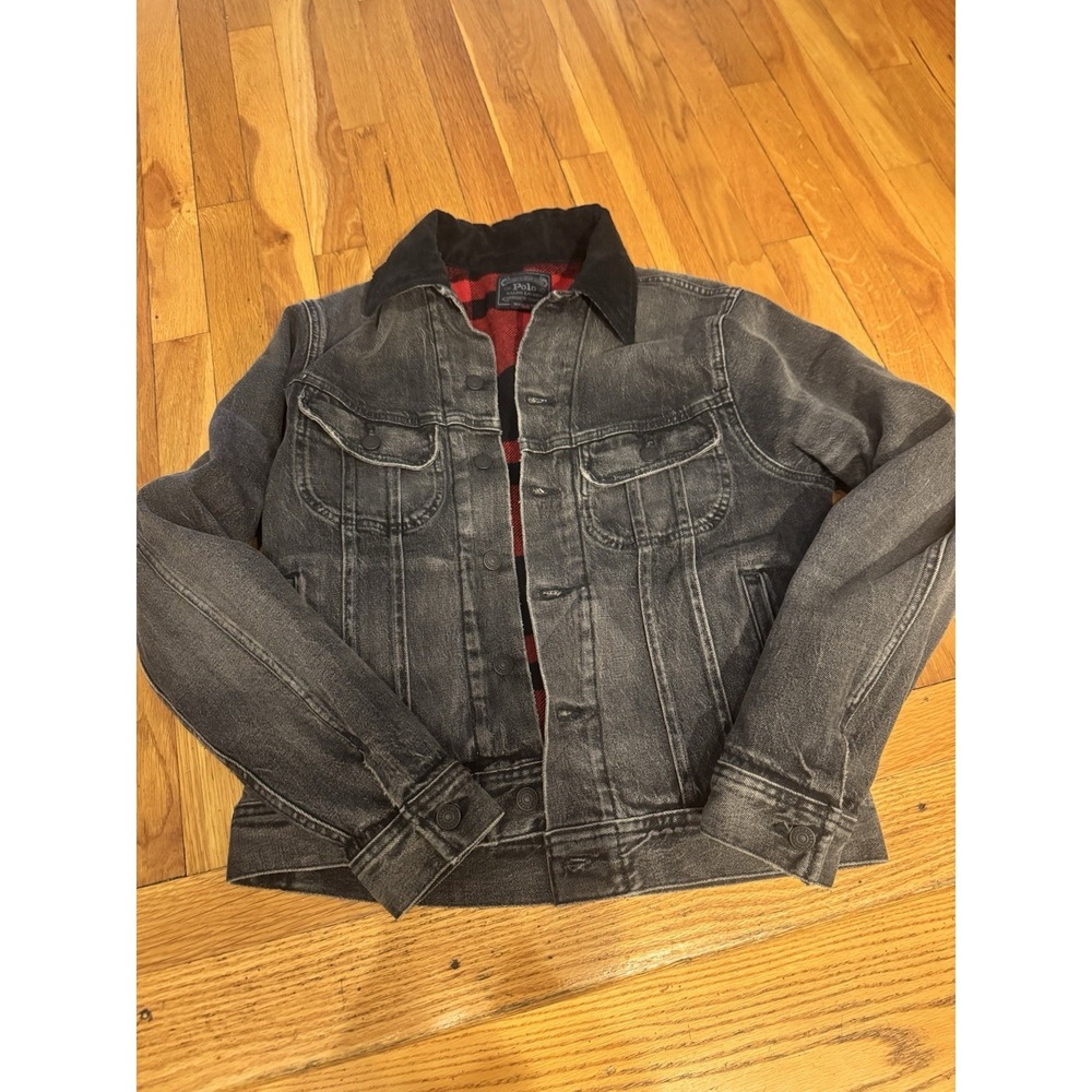 Polo Ralph Lauren Black Denim Trucker Jacket Womens S Buffalo Plaid Lined